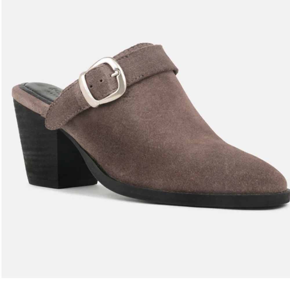 Rag & Co TARRAH Grey Stacked Heel Mules With Adjustable Buckle